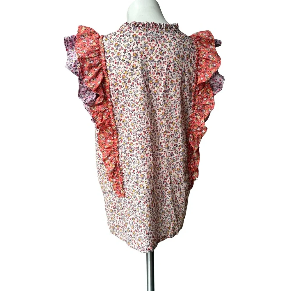 Ann Taylor Purple Orange Floral Ruffle Flutter Keyhole Button Blouse, Sz M - Picture 6 of 14